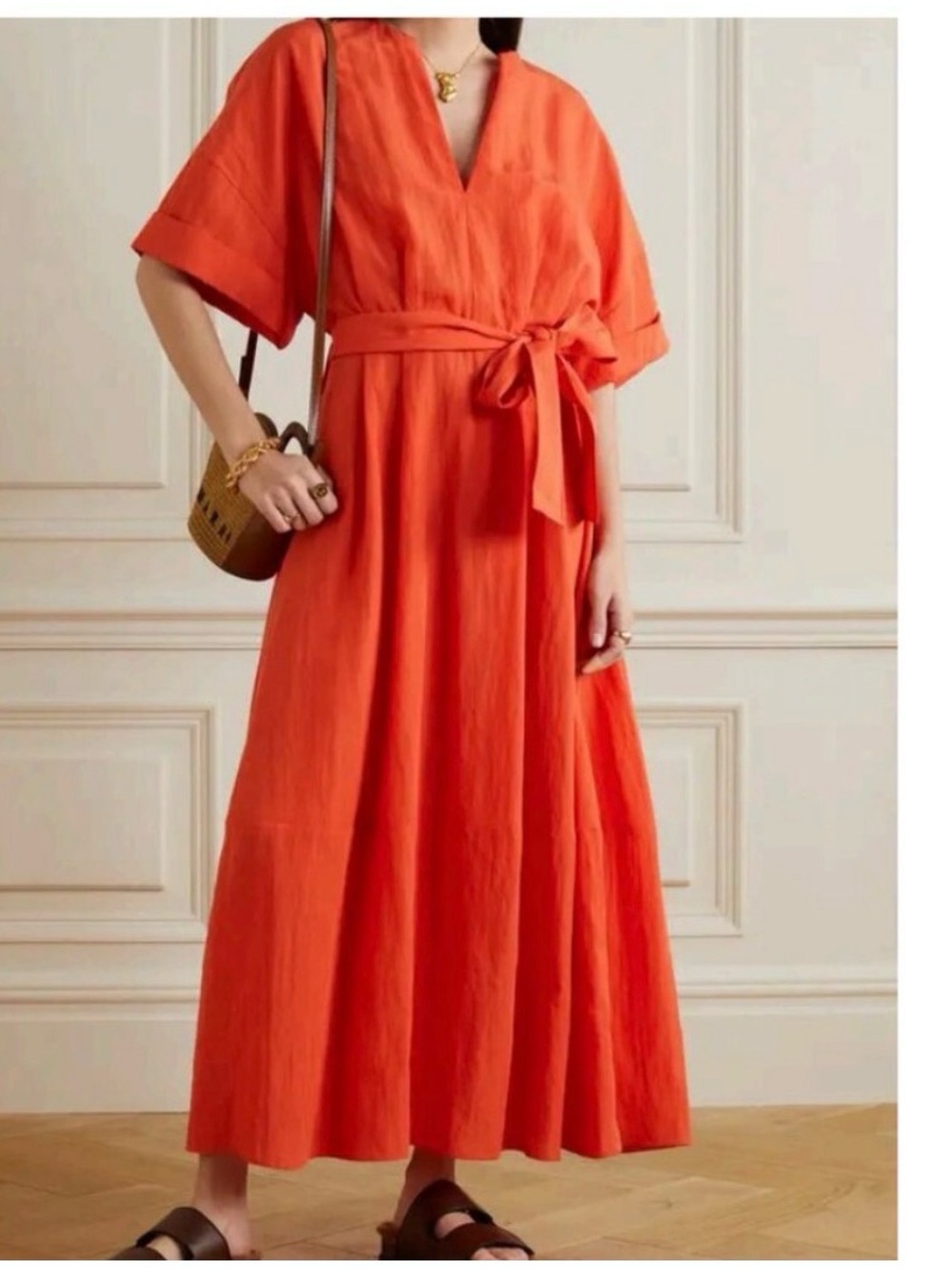 Vince Belted Tencel Lyocell-Blend Cuffed Short Sleeves Midi Dress Orange Size M